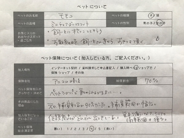 モモコちゃんのペット保険口コミ回答用紙